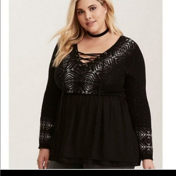 TORRID New Plus Size Black Lace-Up Chiffon Peplum Sweater 1X - Picture 3 of 14
